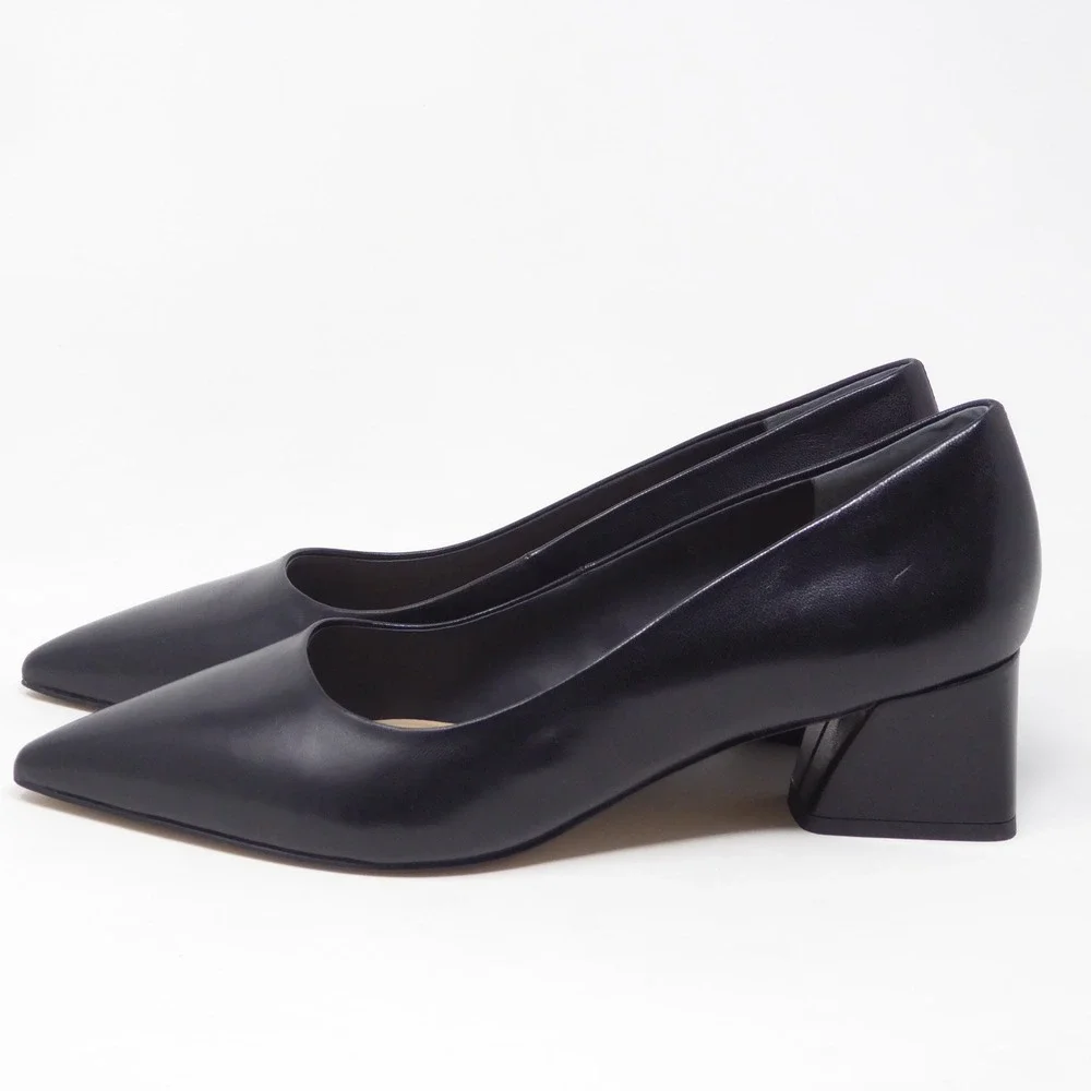NEW Franco Sarto Womens Racer Pumps Black Leather Pointed Toe Block Heel 7.5M